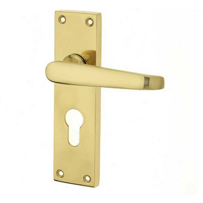 Elegant Victorian Straight Door Handle in Polished Brass for Euro Profile Lockplates - Interior Lever on Backplate