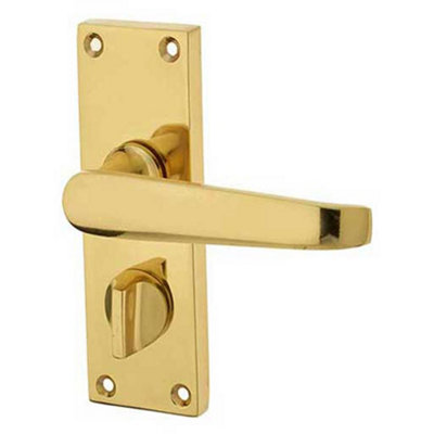 Elegant Victorian Straight Door Handle on Privacy Plate in Polished Brass Finish - Interior Lever on Backplate