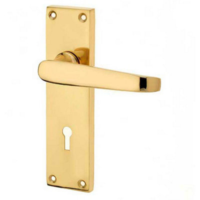 Elegant Victorian Straight Door Handle with Lockplate in Polished Brass Finish - Interior Lever on Backplate