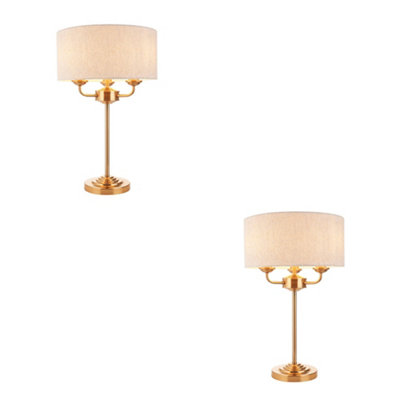 Elegant Vintage Brass Table Lamp Set with Natural Linen Shades - Perfect for Home Decor - 2 Pack