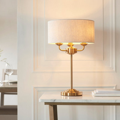 Elegant Vintage Brass Table Lamp Set with Natural Linen Shades - Perfect for Home Decor - 2 Pack