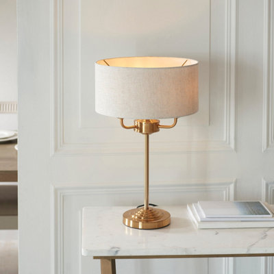 Elegant Vintage Brass Table Lamp Set with Natural Linen Shades - Perfect for Home Decor - 2 Pack