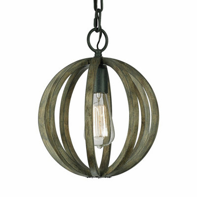 Elegant Weathered Oak Wood Ceiling Light with Antique Iron Finish - E27 LED Pendant