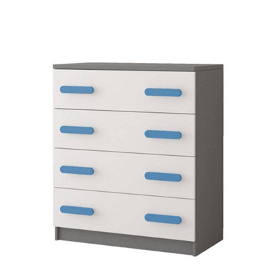 Elegant White and Grey Chest of Drawers H930mm W800mm D400mm - Blue Handles for Serene Kids' Spaces