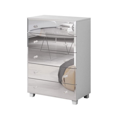 Elegant White Bellagio Chest of Drawers W720mm H1060mm D450mm - Mirrored Fronts, Five Drawers