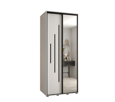 Elegant White Cannes XIII Mirrored Sliding Wardrobe H2050mm W1200mm D600mm with Custom Black Steel Handles and Decorative Strips