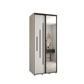Elegant White Cannes XIII Mirrored Sliding Wardrobe H2050mm W1200mm D600mm with Custom Black Steel Handles and Decorative Strips