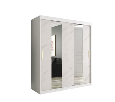 Elegant White Geneva Sliding Door Wardrobe W1800mm H2000mm D620mm - Mirrored Doors, Gold Handles, Large Capacity