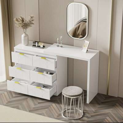 Elegant White Gloss Dressing Table with Rotating Top & 6 Gold Handle ...