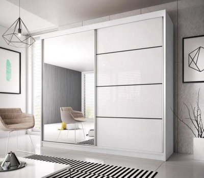 Elegant White Gloss Front & White Matt Wardrobe W203cm H218cm D61cm with Mirrored Sliding Doors