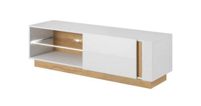 Elegant White Gloss & Oak Arco TV Cabinet H460mm W1380mm D400mm with Storage