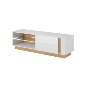 Elegant White Gloss & Oak Arco TV Cabinet H460mm W1380mm D400mm with Storage