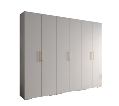 Elegant White Inova 3 Hinged Door Wardrobe W3000mm H2370mm D470mm - Ultimate Storage with Gold Vertical Handles