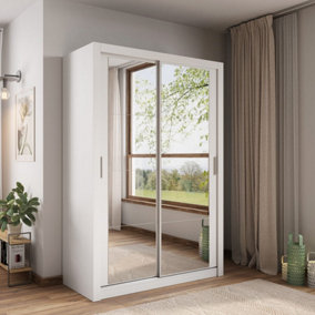 Elegant White Lux 18 Sliding Door Wardrobe H2150mm W1500mm D600mm with Mirrored Panels