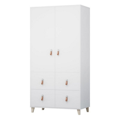 Elegant White Matt Hinged Wardrobe W104cm H202cm D55cm with Leather Handles & Wooden Legs