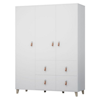 Elegant White Matt Hinged Wardrobe W1500mm H2010mm D550mm with Leather Handles & Wooden Legs