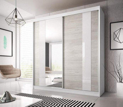 Elegant White Matt Multi Sliding Door Wardrobe W183cm H218cm D61cm - Kathult Oak & White Gloss Front