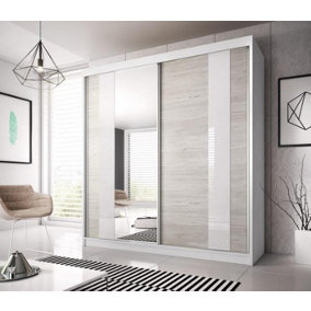 Elegant White Matt Multi Sliding Mirror Door Wardrobe W233cm H218cm D61cm - Kathult Oak & White Gloss Front