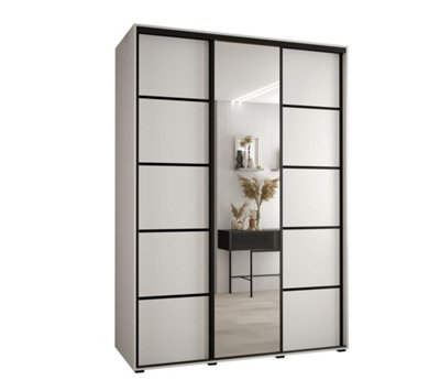 Elegant White Mirrored Cannes V Sliding Wardrobe H2050mm W1800mm D600mm with Custom Black Steel Handles and Decorative Strips