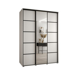 Elegant White Mirrored Cannes V Sliding Wardrobe H2050mm W1800mm D600mm with Custom Black Steel Handles and Decorative Strips