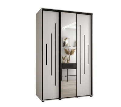 Elegant White Mirrored Cannes XIII Sliding Wardrobe H2050mm W1500mm D600mm with Custom Black Steel Handles and Decorative Strips