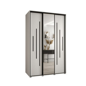 Elegant White Mirrored Cannes XIII Sliding Wardrobe H2050mm W1500mm D600mm with Custom Black Steel Handles and Decorative Strips