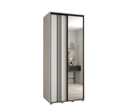 Elegant White Mirrored Sliding Wardrobe H2050mm W1000mm D600mm with Customisable Black Steel Handles and Decorative Strips