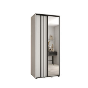 Elegant White Mirrored Sliding Wardrobe H2050mm W1000mm D600mm with Customisable Black Steel Handles and Decorative Strips