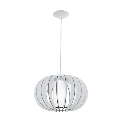 Elegant White Pendant Ceiling Light with Steel Shade and Wooden Accents