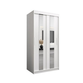 Elegant White Pole Sliding Door Wardrobe W1000mm H2000mm D620mm - Mirrored Storage with Silver Handles