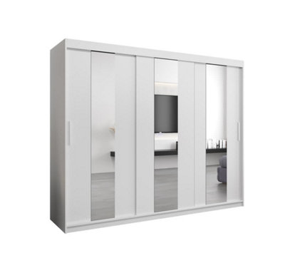 Elegant White Pole Sliding Door Wardrobe W2500mm H2000mm D620mm - Mirrored Storage with Silver Handles