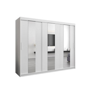 Elegant White Pole Sliding Door Wardrobe W2500mm H2000mm D620mm - Mirrored Storage with Silver Handles