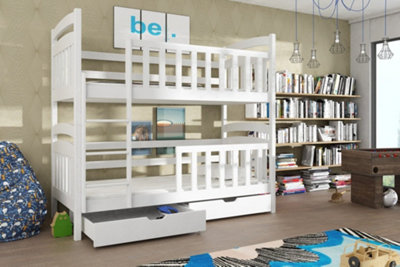 Elegant White Seb Wooden Bunk Bed for Kids with Bonnell Mattresses (H)1710mm (W)1980mm (D)980mm with Spacious Storage