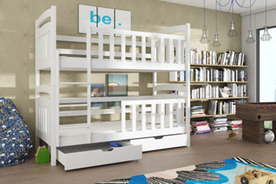 Elegant White Seb Wooden Bunk Bed for Kids with Foam Mattresses (H)1710mm (W)1980mm (D)980mm with Spacious Storage