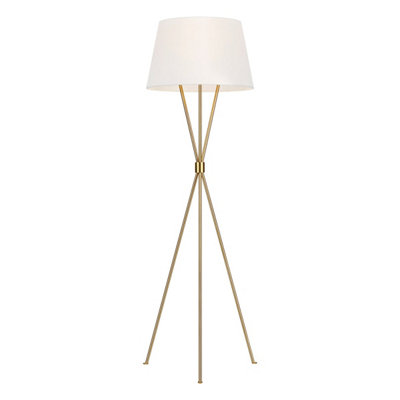 Elegant White Shade LED Floor Lamp with Tripod Base and Burnished Brass Finish