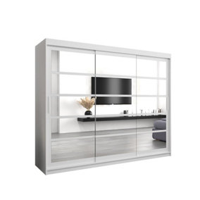Elegant White Sliding Door Wardrobe H2000mm W2500mm D620mm with Mirrored Panels and Silver Handles