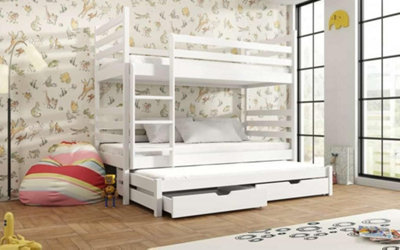 Elegant White Tomi Bunk Bed with Trundle, Bonnell Mattresses and Storage for Kids (H)1610mm (W)1980mm (D)980mm, Space-Saver