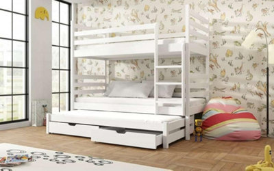 Elegant White Tomi Bunk Bed with Trundle, Bonnell Mattresses and Storage for Kids (H)1610mm (W)1980mm (D)980mm, Space-Saver