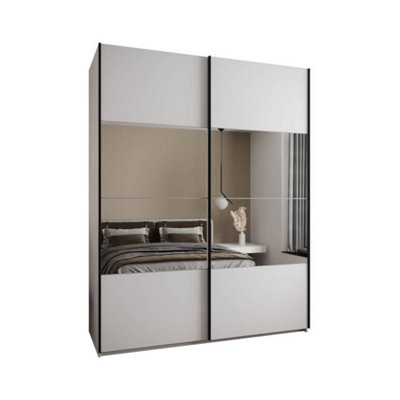 Elegant White Trosa IV Sliding Door Wardrobe H2450mm W2000mm D640mm Mirrored Doors, Ten Shelves, Hanging Rail