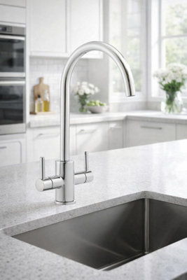 Elektro Chrome Twin Lever Kitchen Mixer Tap, Dual Control Swivel Spout for UK Kitchen Sinks