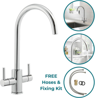 Elektro Chrome Twin Lever Kitchen Mixer Tap, Dual Control Swivel Spout for UK Kitchen Sinks