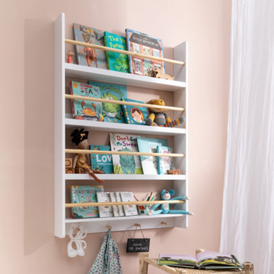 Elene Display Wide & Large Shelf Bookcase Wall Mounted & 4 Coat Hooks