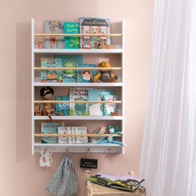 Elene Display Wide & Large Shelf Bookcase Wall Mounted & 4 Coat Hooks