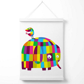 Elephant Bright Geometric Animal Poster with Hanger / 33cm / White