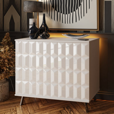 Elevate White Small Sideboard with mood lighting and phone charging