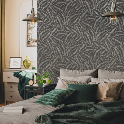 Elgin Tropical Leaf Wallpaper Slate/Gold Holden 65732 | DIY at B&Q