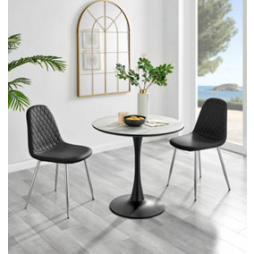 Elina White Marble Effect Round Pedestal Dining Table with Curved Black Support and 2 Black Faux Leather Corona Silver Leg Chairs