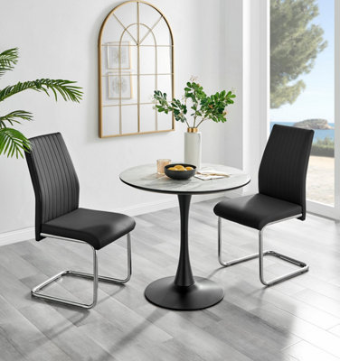 Elina White Marble Effect Round Pedestal Dining Table with Curved Black Support and 2 Black Faux Leather Lorenzo Chairs