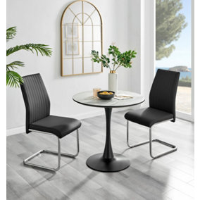 Elina White Marble Effect Round Pedestal Dining Table with Curved Black Support and 2 Black Faux Leather Lorenzo Chairs