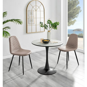 Elina White Marble Effect Round Pedestal Dining Table with Curved Black Support and 2 Cappuccino Leather Corona Black Leg Chairs